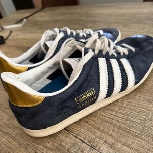 RARE Adidas Gazelle Mens US 11 10.5 9.5 UK BLUE SUEDE Navy White Stripes Gold